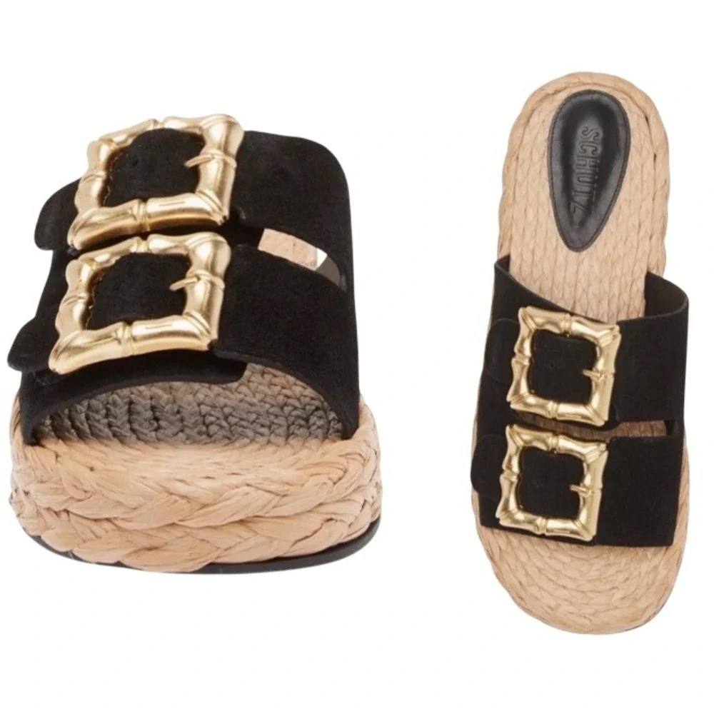 Schutz Enola Rope Platform Sandal Black Suede Gold Bamboo Buckle Womens 7.5B